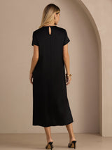 [أسود] SilkSilky-SA Short Sleeve Round Neck فساتين نسائية 002