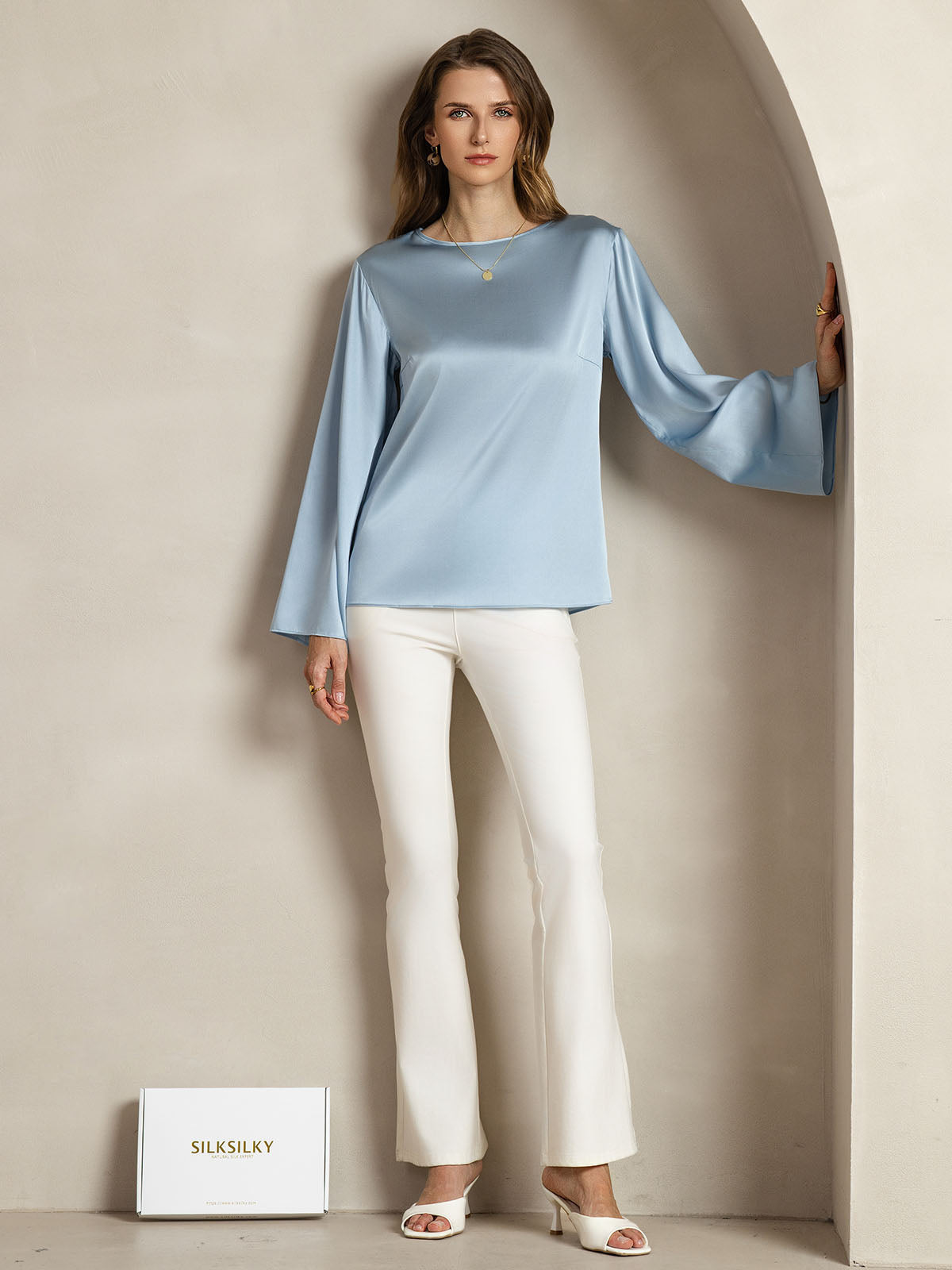 [أزرق رمادي] SilkSilky-SA 19Momme الحرير رقبة مستديرة تي شيرت نسائية 003,