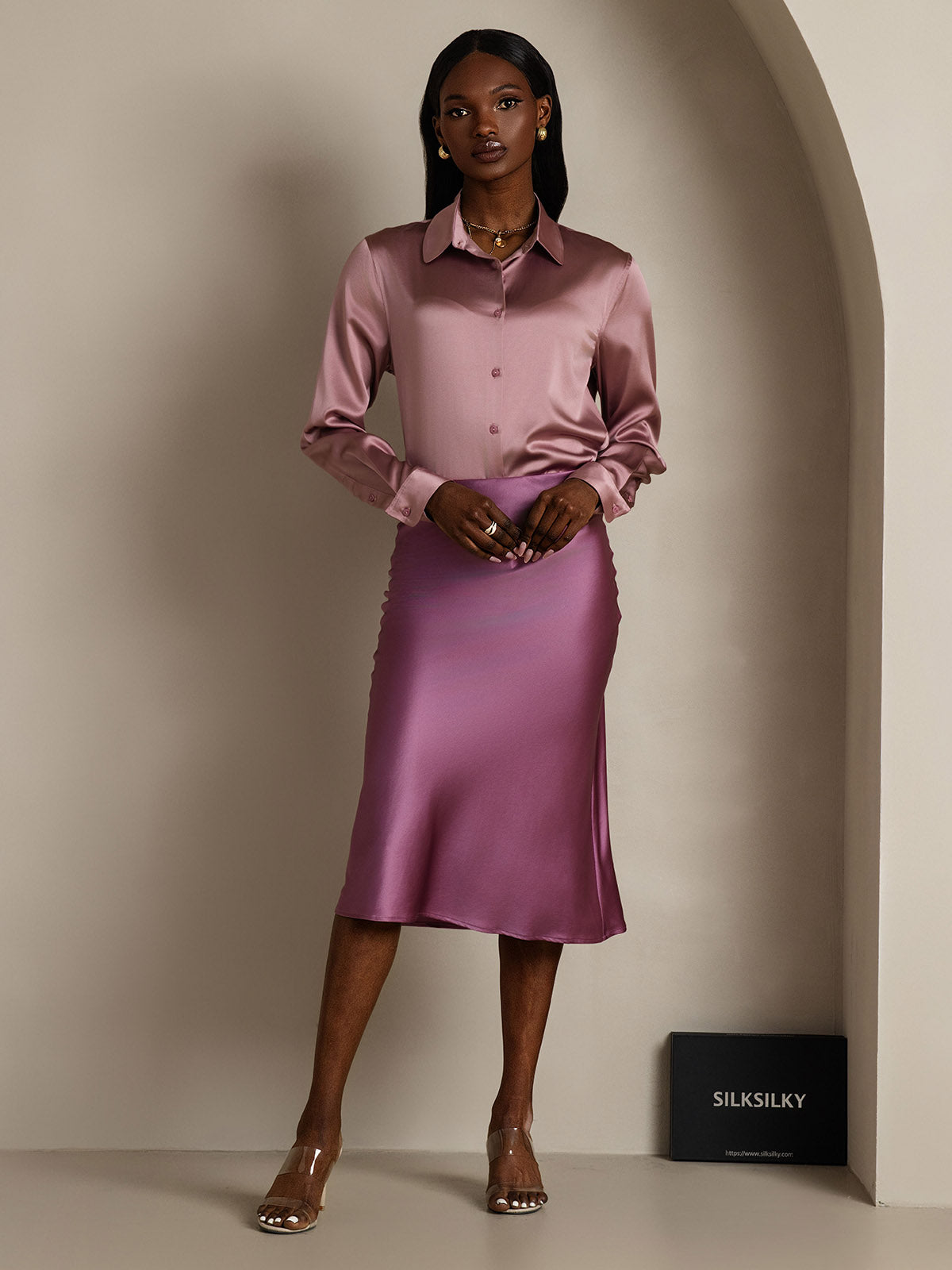 [الأرجواني الداكن] SilkSilky-SA 19Momme الحرير الخالص Skirt 007,