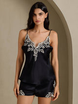 [أسود] SilkSilky-SA Sleeveless V Neck مجموعة قميص قصير 001
