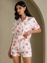 [أحمر شفاه أبيض] SilkSilky-SA Short Sleeve Notch Collar طقم بيجامة نسائي 003