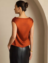 [الكراميل] SilkSilky-SA Cap Sleeve Cowl Neck تي شيرت نسائية 002