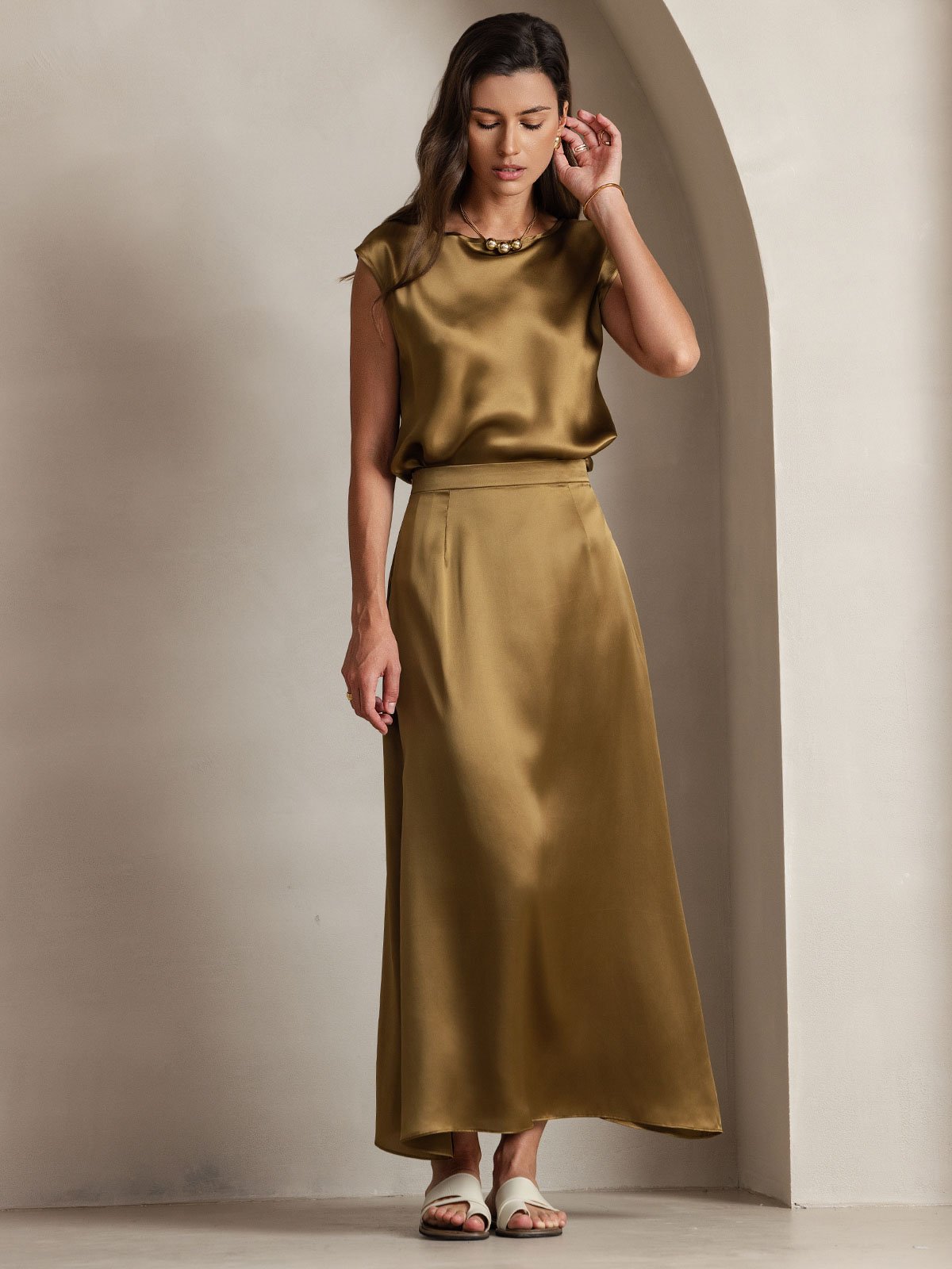 [بني] SilkSilky-SA 19Momme الحرير رقبة مستديرة تي شيرت نسائية 008,