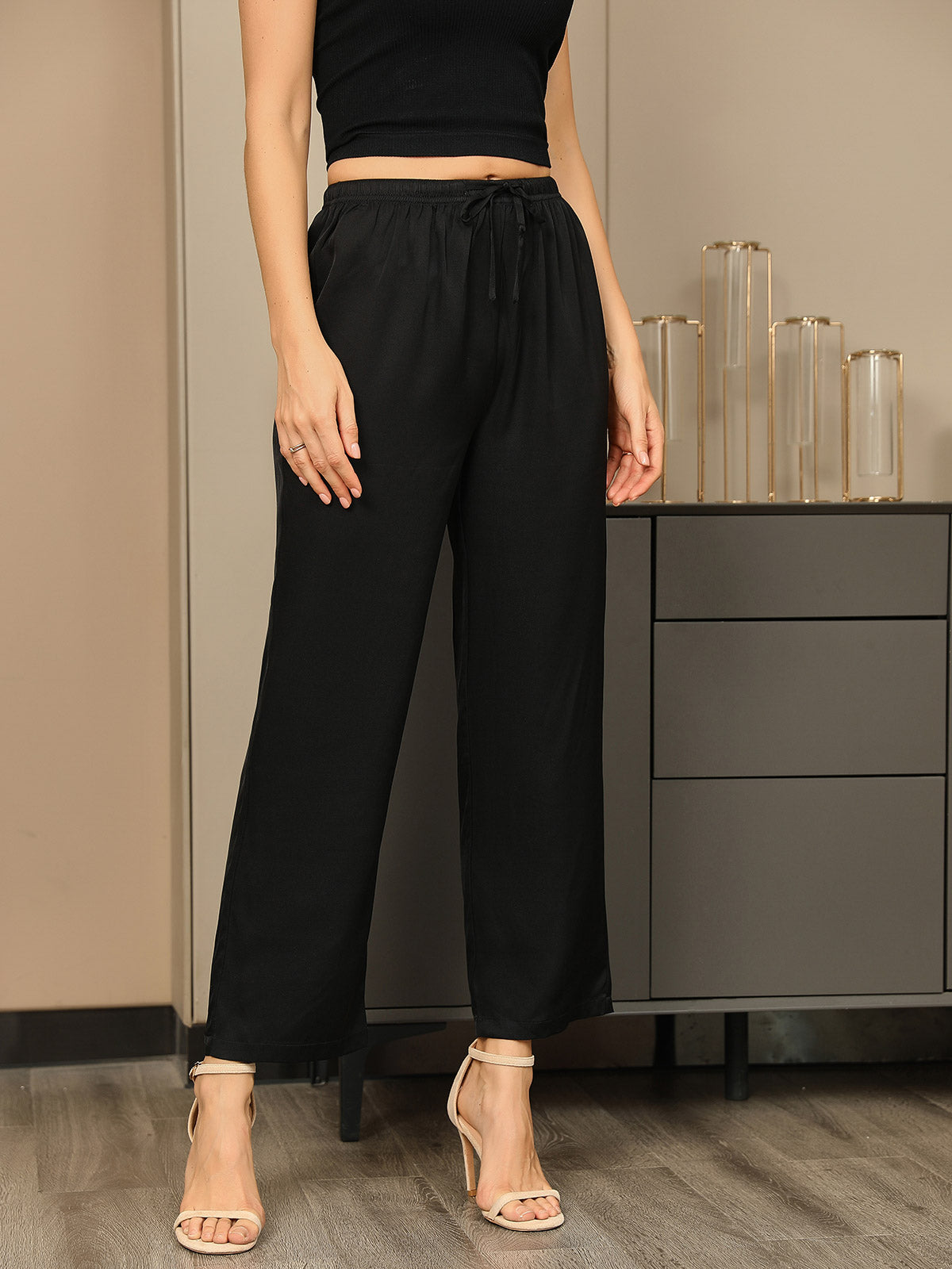 SilkSilky-SA-19Momme-محبوك-الحرير-Womens-Pants-أسود-001