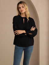 [أسود] SilkSilky-SA Long Sleeve Keyhole Neck بلوزات نسائية 005