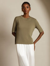 [زيتوني محروق] SilkSilky-SA Half Sleeve Crew Neck تي شيرت نسائية 005