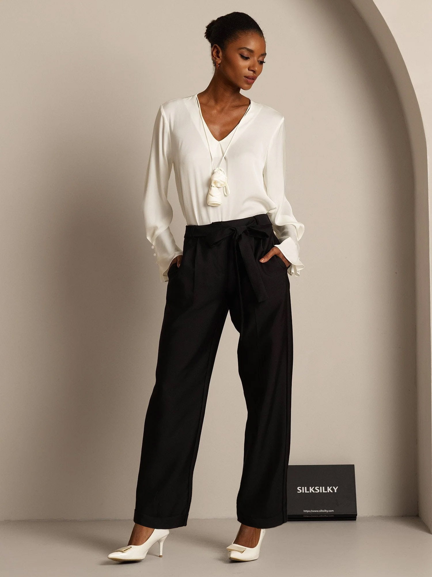 [أسود] SilkSilky-SA 32Momme الحرير Womens Pants 007,