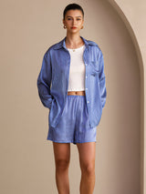 [مقلم دقيق أزرق] SilkSilky-SA Long Sleeve Lapel Collar Women's Outfit Sets 004