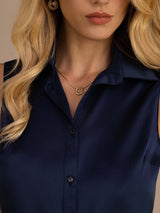 [أزرق غامق] SilkSilky-SA Sleeveless Lapel Collar بلايز نسائية 004