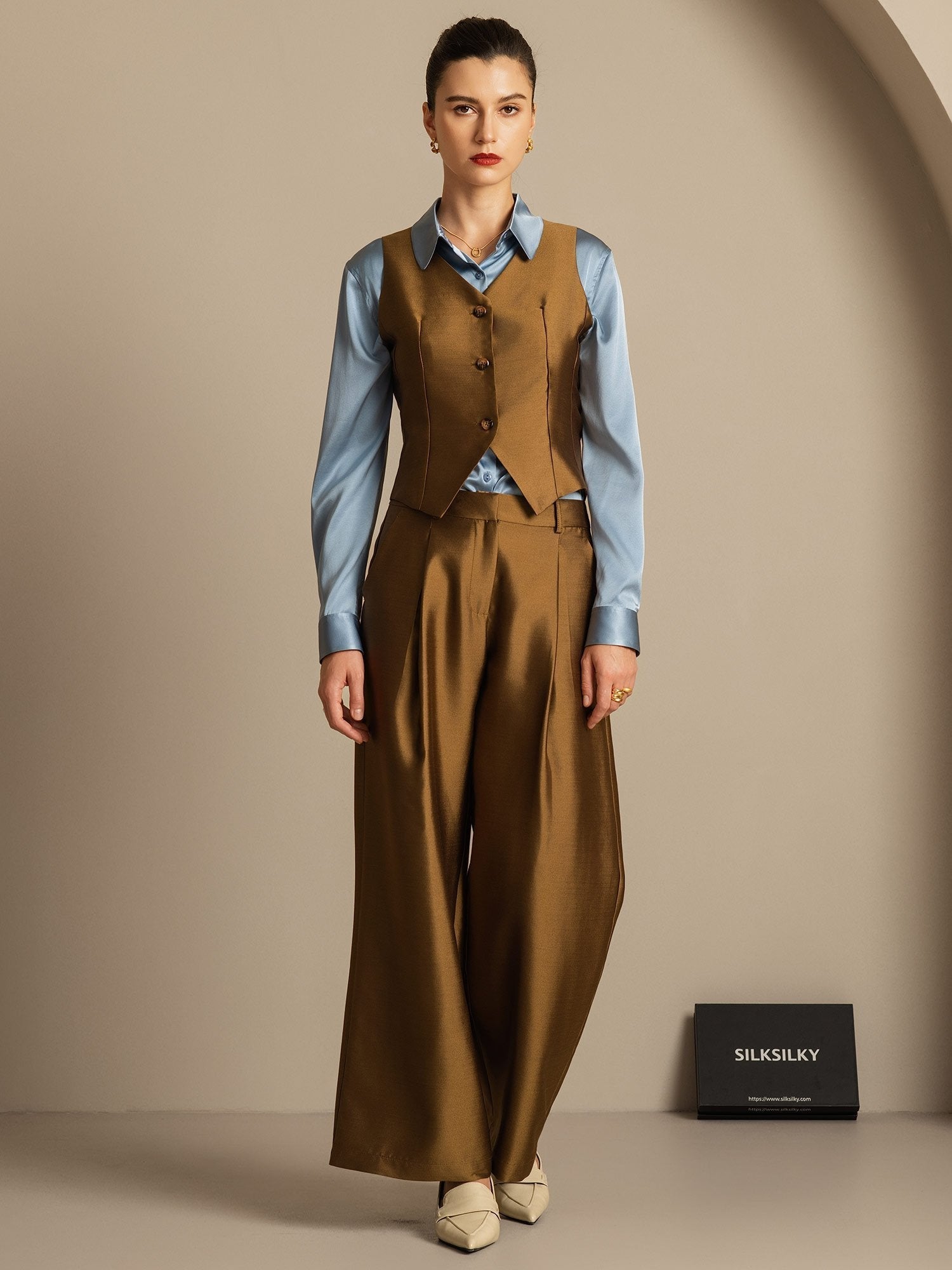 [برونزي] SilkSilky-SA 32Momme الحرير رقبة على شكل حرف V سترة نسائية 001,