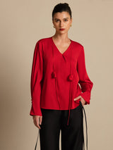 [خمر] SilkSilky-SA Long Sleeve V Neck بلوزات نسائية 001