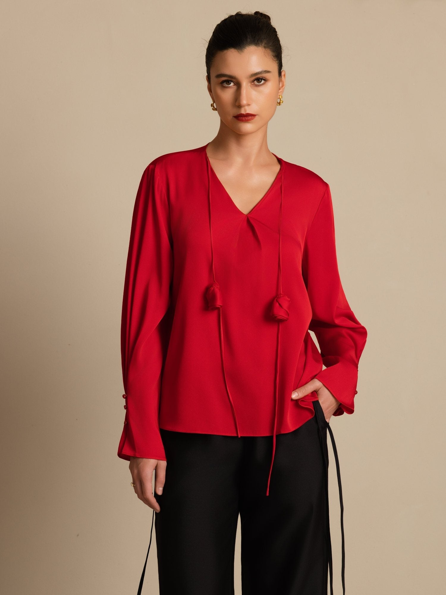 [خمر] SilkSilky-SA 19Momme الحرير الأكمام الطويلة رقبة على شكل حرف V بلوزة 003