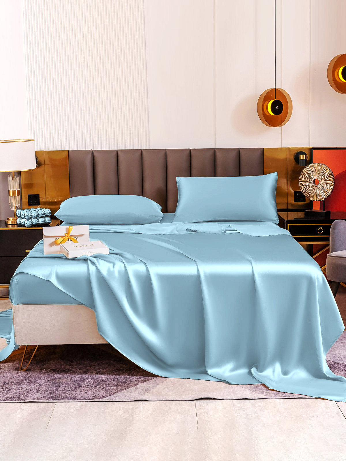 SilkSilky SA 19Momme الحرير الخالص Bedding Set أزرقفاتح 004