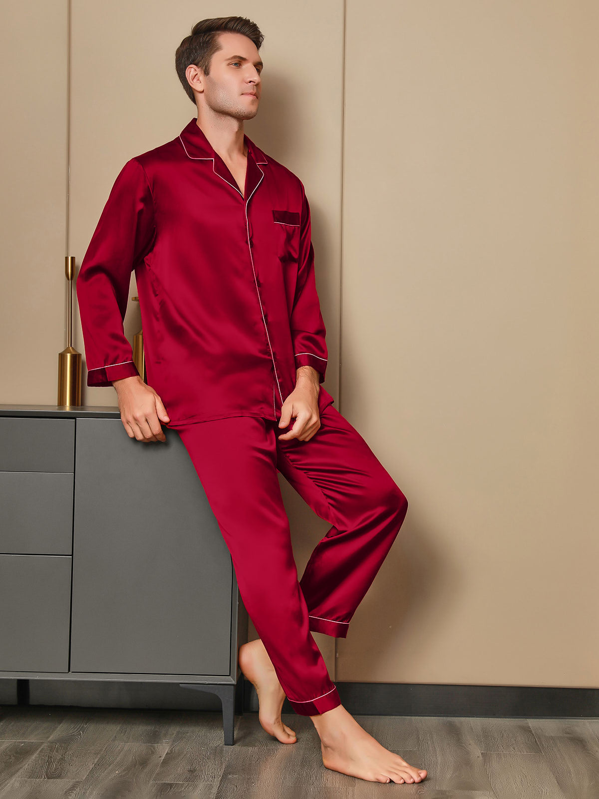 [أحمر] SilkSilky-SA 19Momme الحرير الخالص Mens Pajamas 001