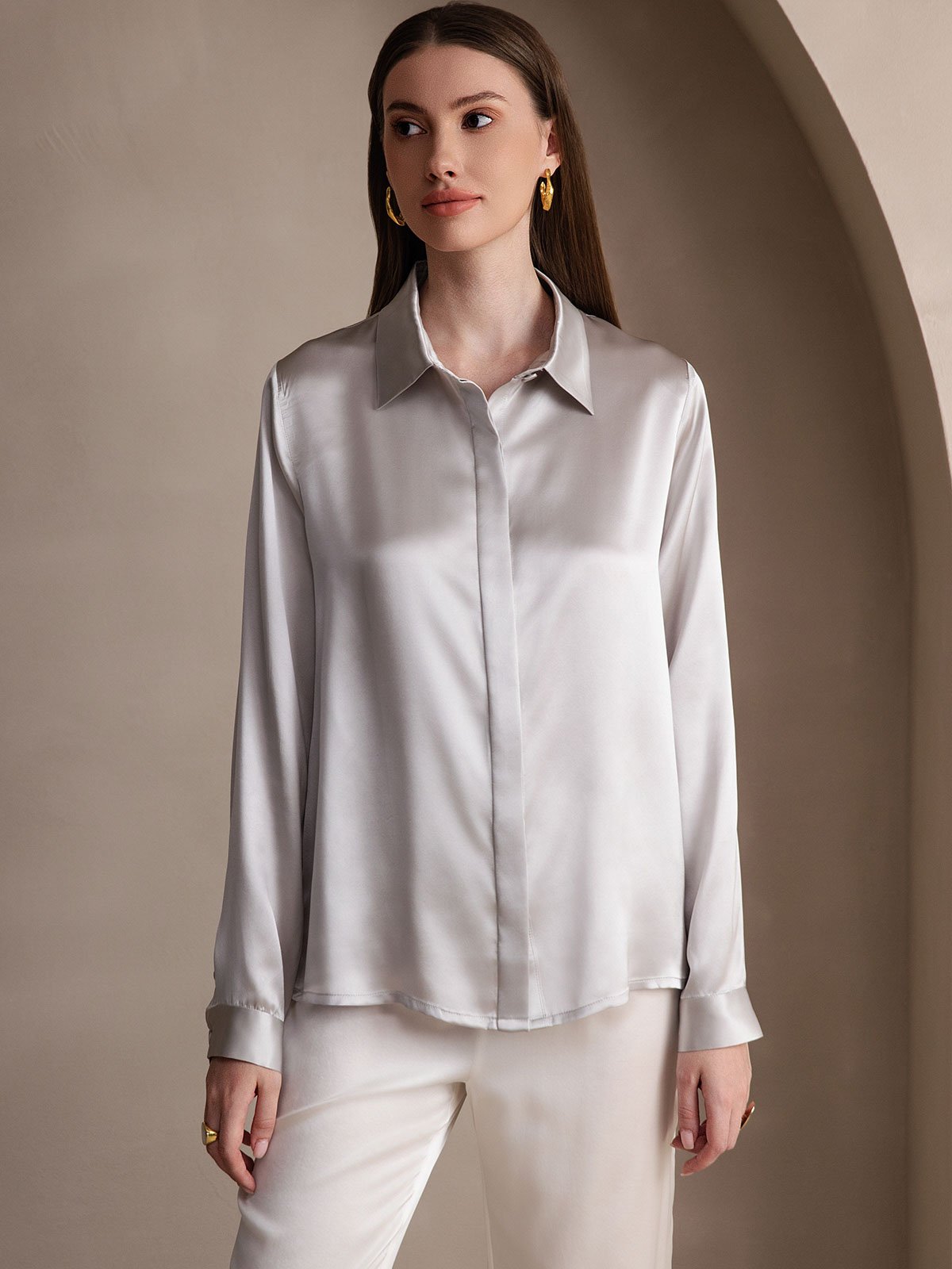 [رمادي فاتح] SilkSilky-SA 19Momme الحرير Lapel Collar بلايز نسائية 005
