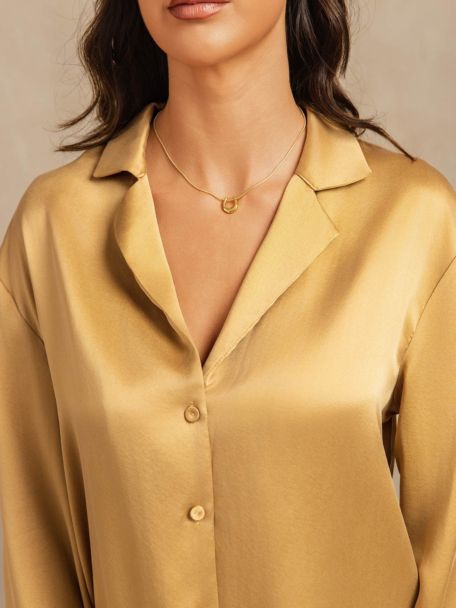 [تان(بنيفاتح)] SilkSilky-SA 19Momme الحرير فتحة عنق V طقم بيجامة نسائي 004