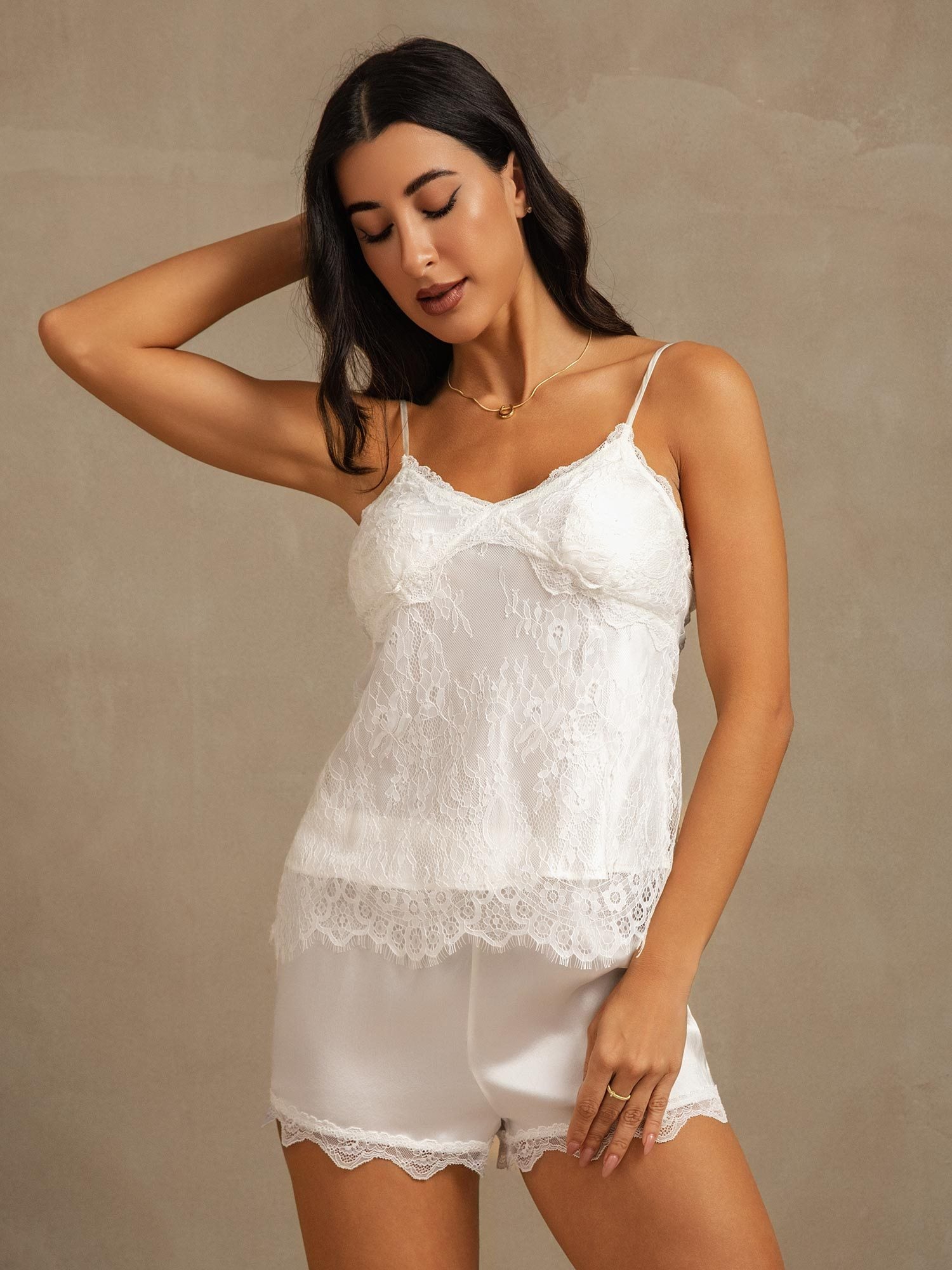 [أبيض] SilkSilky-SA الحرير الخالص Camisole Set 006