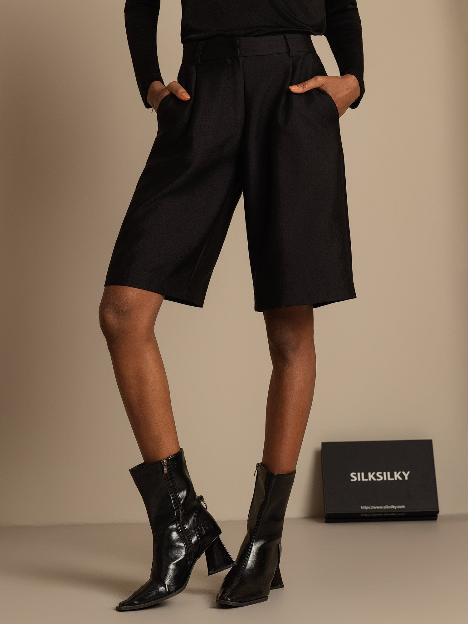 [أسود] SilkSilky-SA 32Momme الحرير Womens Shorts 001,