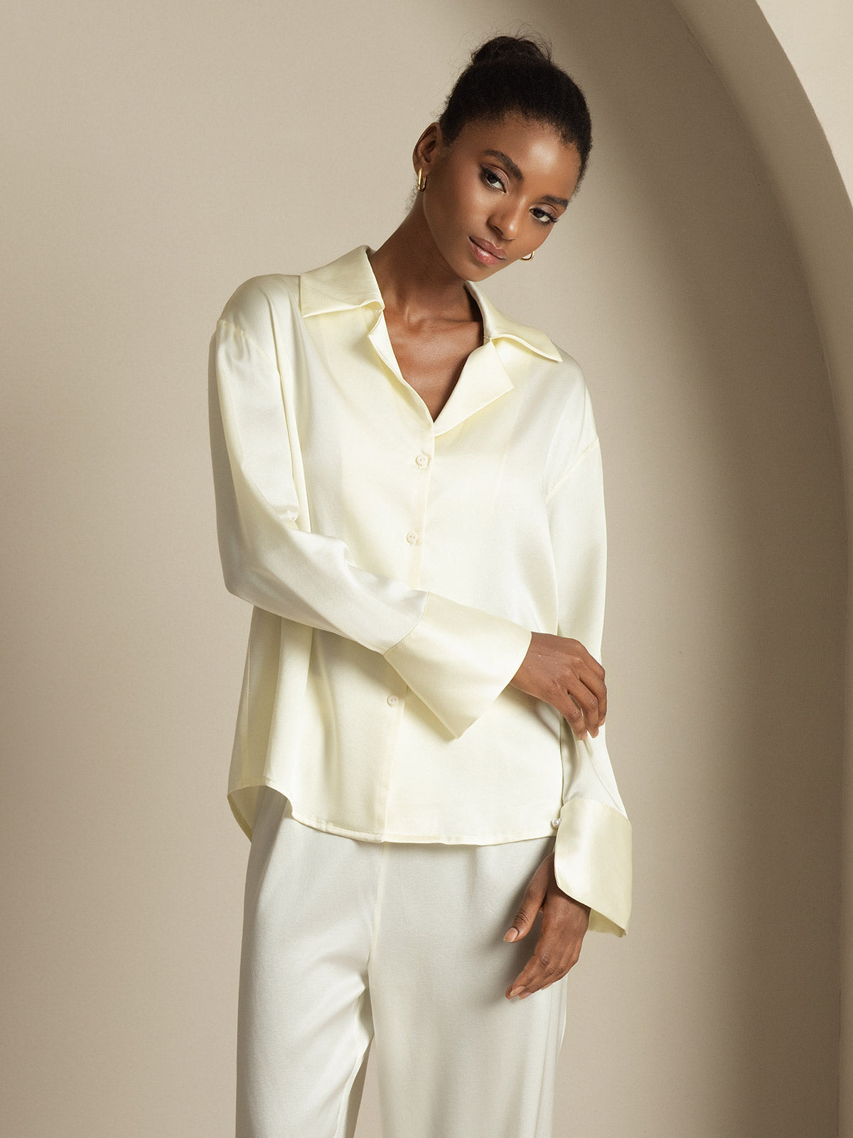 [عاج] SilkSilky-SA 19Momme الحرير Notch Collar بلايز نسائية 006