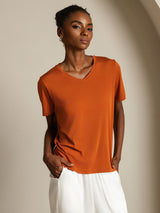 [البرتقالي] SilkSilky-SA Short Sleeve V Neck تي شيرت نسائية 006