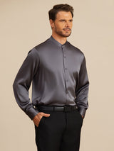 [الرمادي الداكن] SilkSilky-SA Long Sleeve Stand Collar قميص رجالي 005