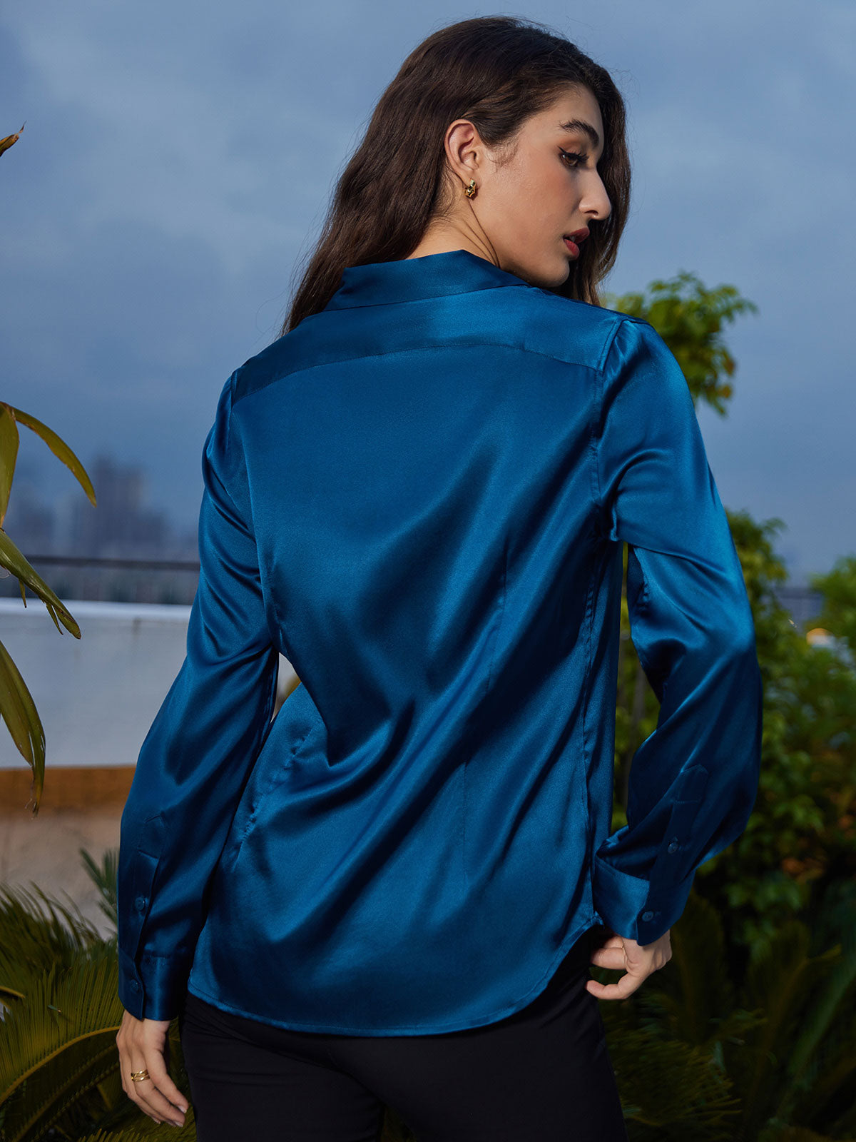 [المياه الخضراء] SilkSilky-SA الحرير الأكمام الطويلة Lapel Collar بلايز نسائية 002