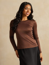 [قهوة] SilkSilky-SA Long Sleeve Crew Neck تي شيرت نسائية 003