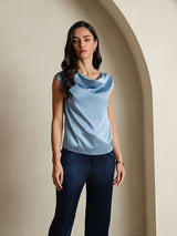 [أزرق رمادي] SilkSilky-SA Cap Sleeve Cowl Neck تي شيرت نسائية 001