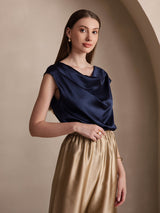 [أزرق غامق] SilkSilky-SA Cap Sleeve Cowl Neck تي شيرت نسائية 005