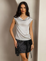 [فضة] SilkSilky-SA Cap Sleeve Cowl Neck تي شيرت نسائية 004