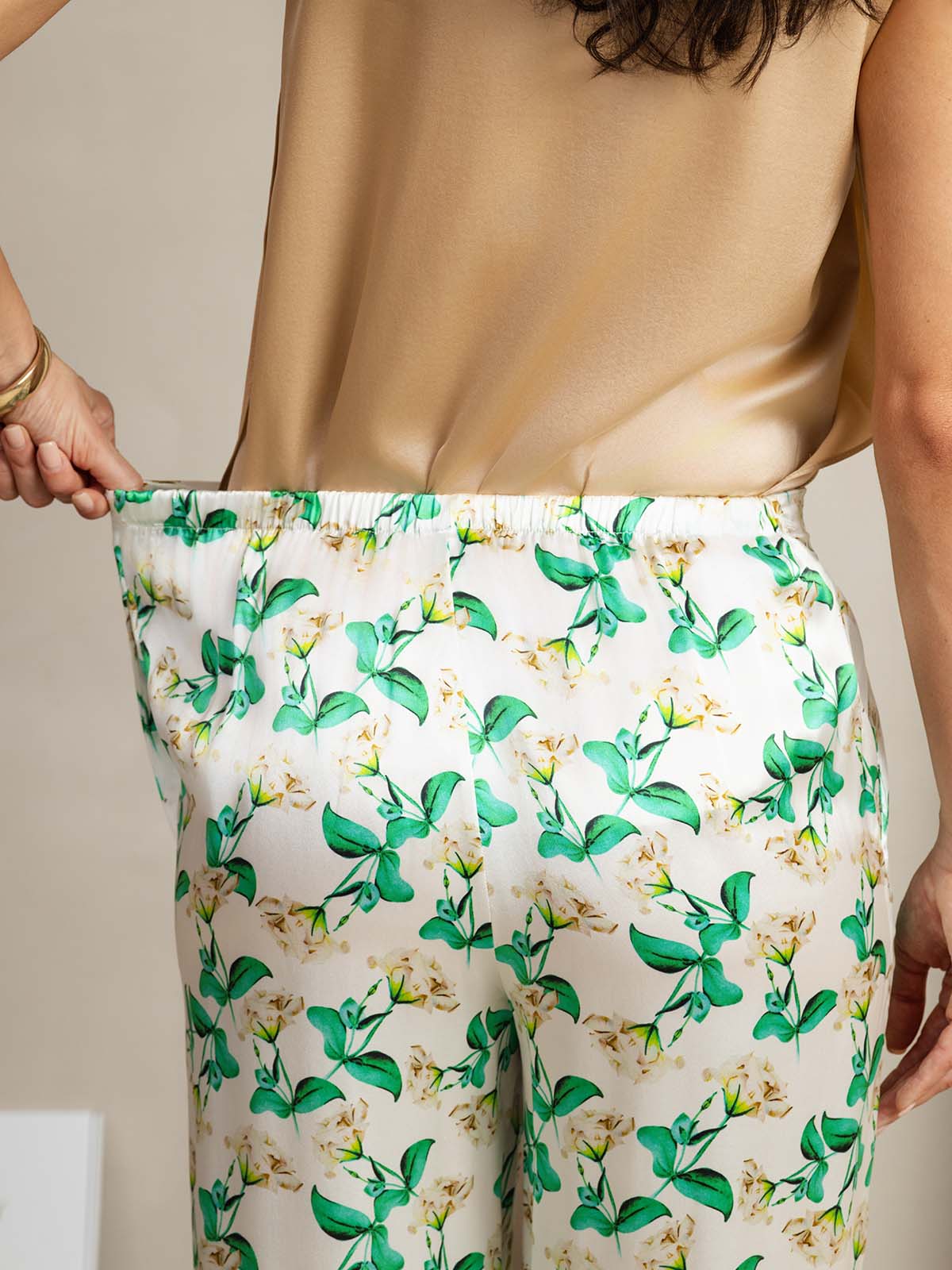 [زهري أخضر] SilkSilky-SA 19Momme الحرير Womens Pants 005