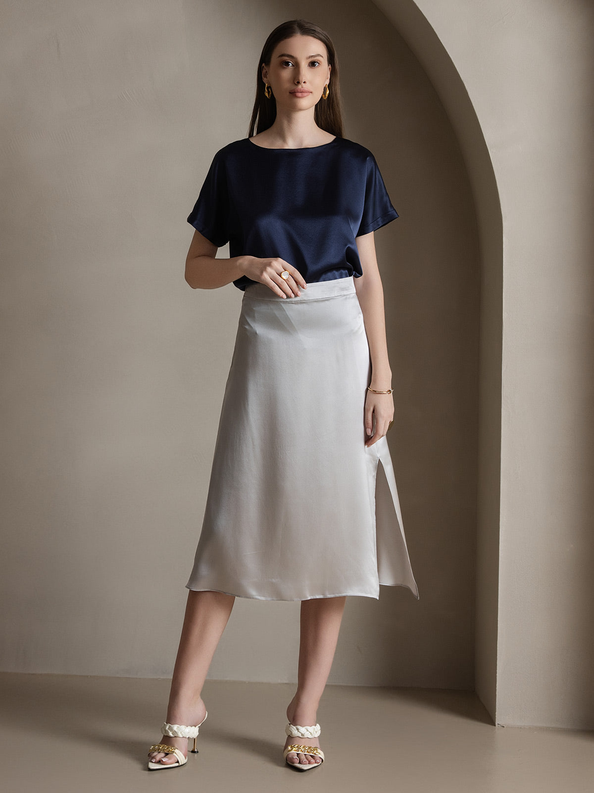 [رمادي فاتح] SilkSilky-SA 19Momme الحرير Skirt 002