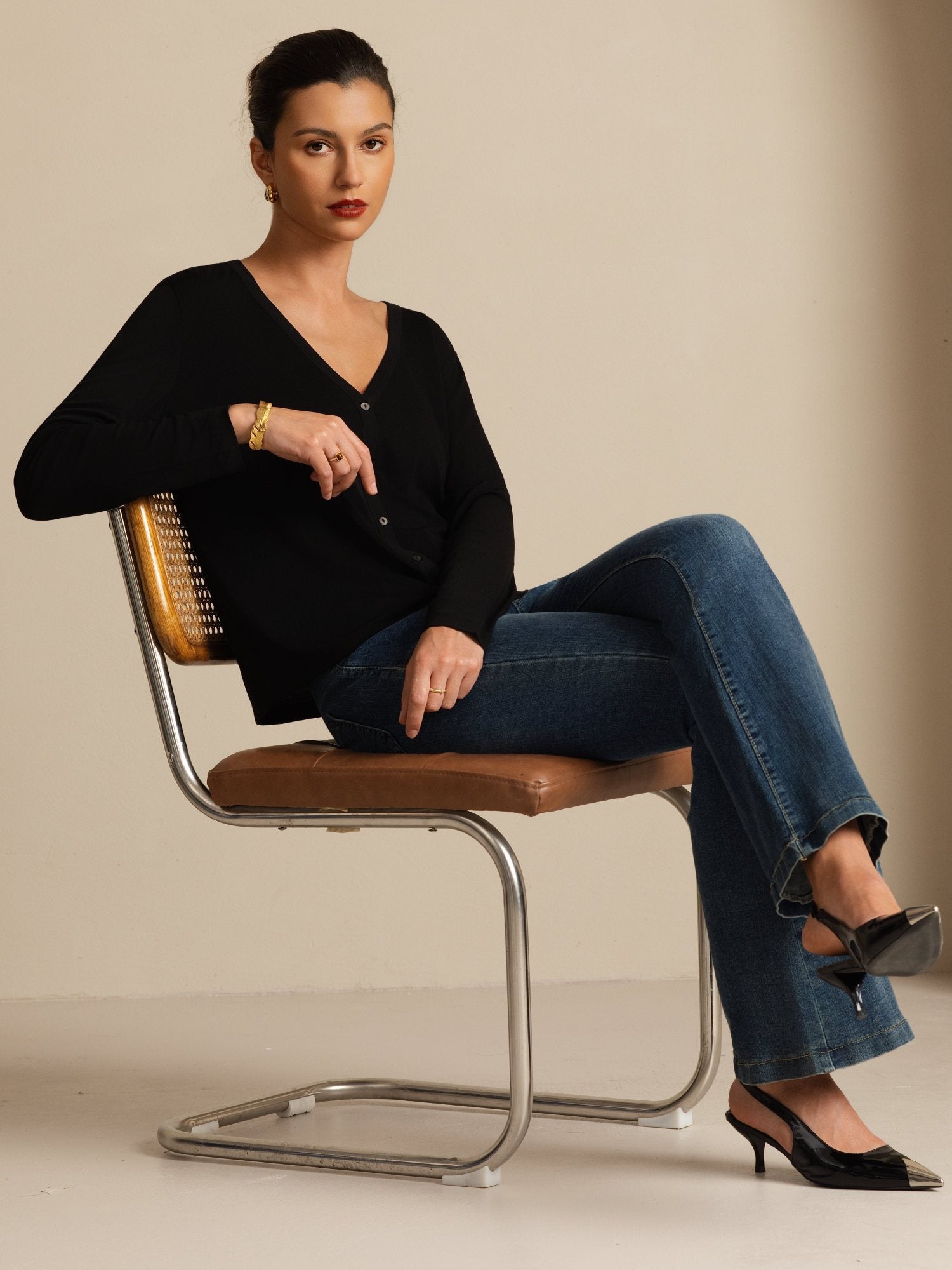 [أسود] SilkSilky-SA 19Momme الأكمام الطويلة رقبة على شكل حرف V كارديجان نسائي 007