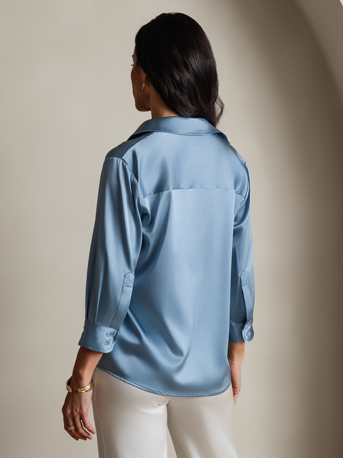 [أزرق رمادي] SilkSilky-SA 3/4 Sleeve Lapel Collar بلايز نسائية 002