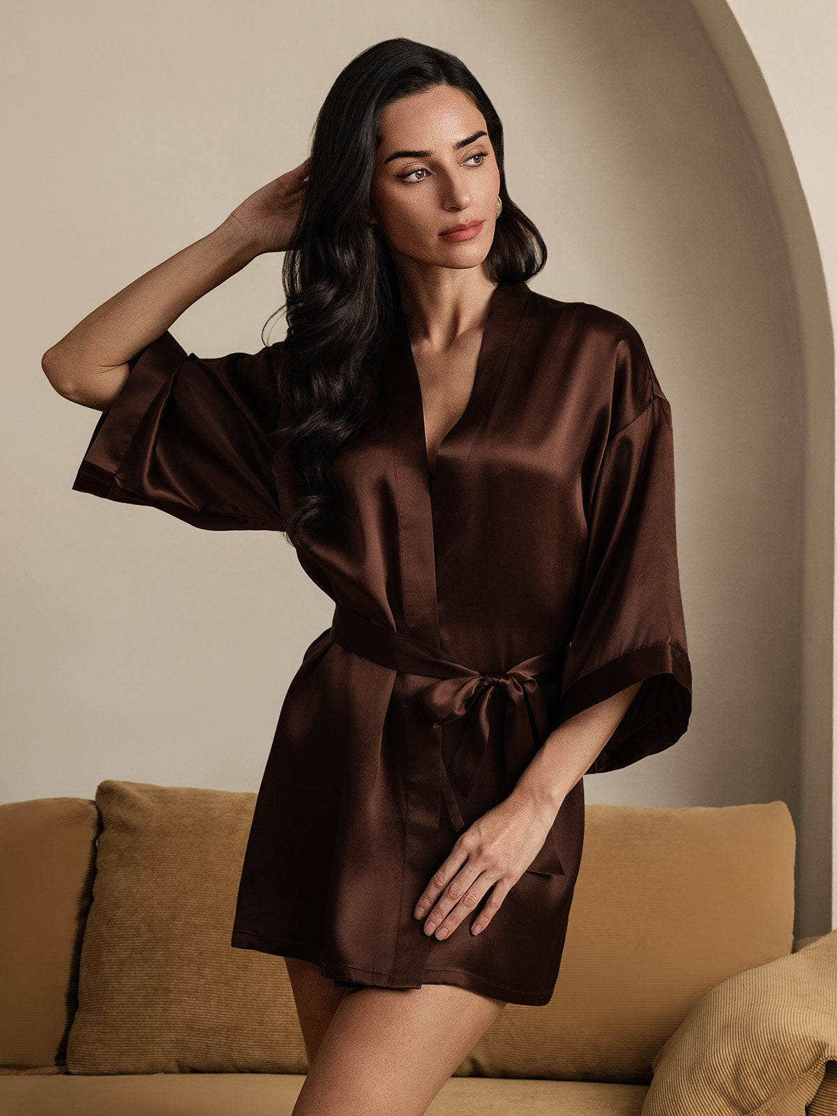[قهوة] SilkSilky-SA الحرير الخالص نصف الأكمام Womens Robe 004