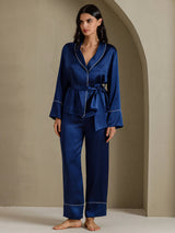 [أزرق غامق] SilkSilky-SA Long Sleeve Shawl Collar طقم بيجامة نسائي 005