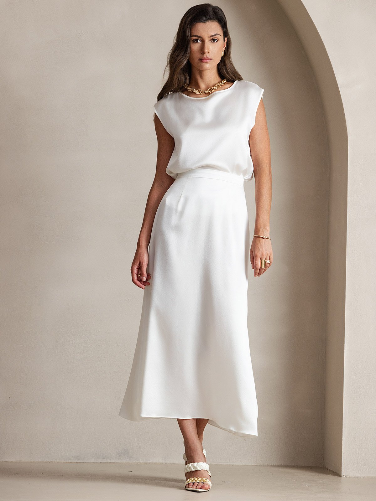 [أبيض] SilkSilky-SA 19Momme الحرير رقبة مستديرة تي شيرت نسائية 005,