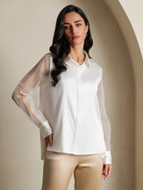 [أبيض] SilkSilky-SA 19Momme الحرير Lapel Collar بلايز نسائية 004,