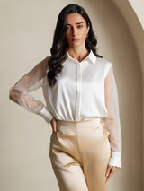 [أبيض] SilkSilky-SA Long Sleeve Lapel Collar بلايز نسائية 003