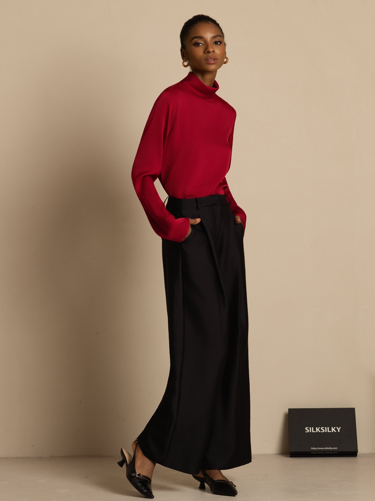 [خمر] SilkSilky-SA 19Momme الحرير الأكمام الطويلة ياقة مدورة تي شيرت نسائية 006