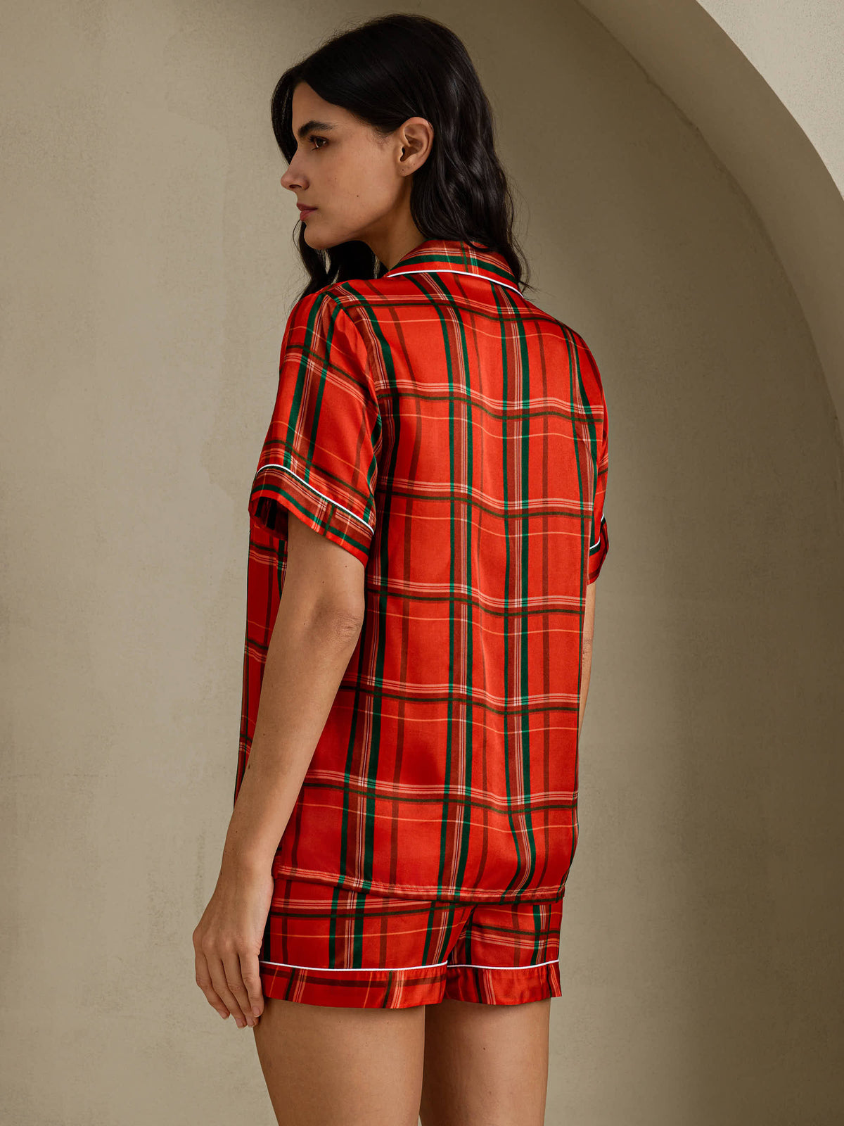 [مربعات حمراء] SilkSilky-SA Short Sleeve Notch Collar طقم بيجامة نسائي 002
