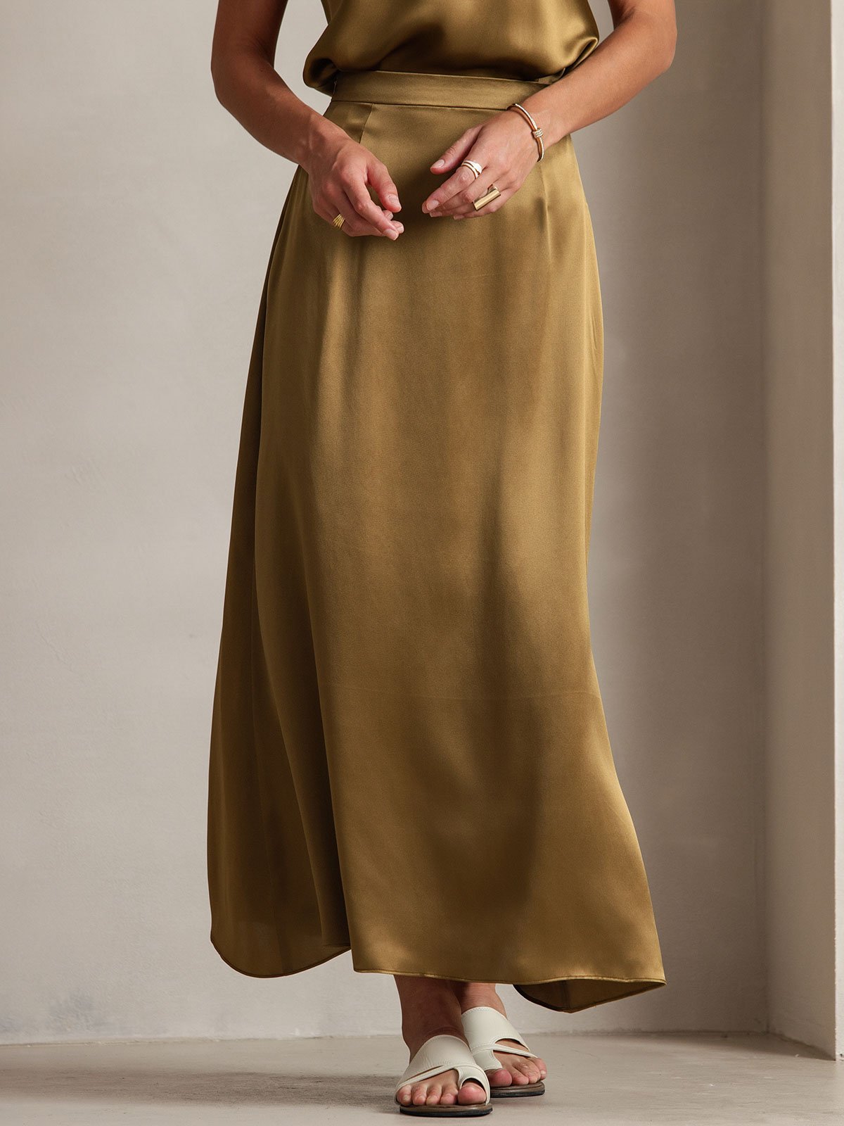 [بني] SilkSilky-SA 19Momme الحرير Skirt 003