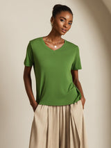 [أخضر] SilkSilky-SA Short Sleeve V Neck تي شيرت نسائية 001