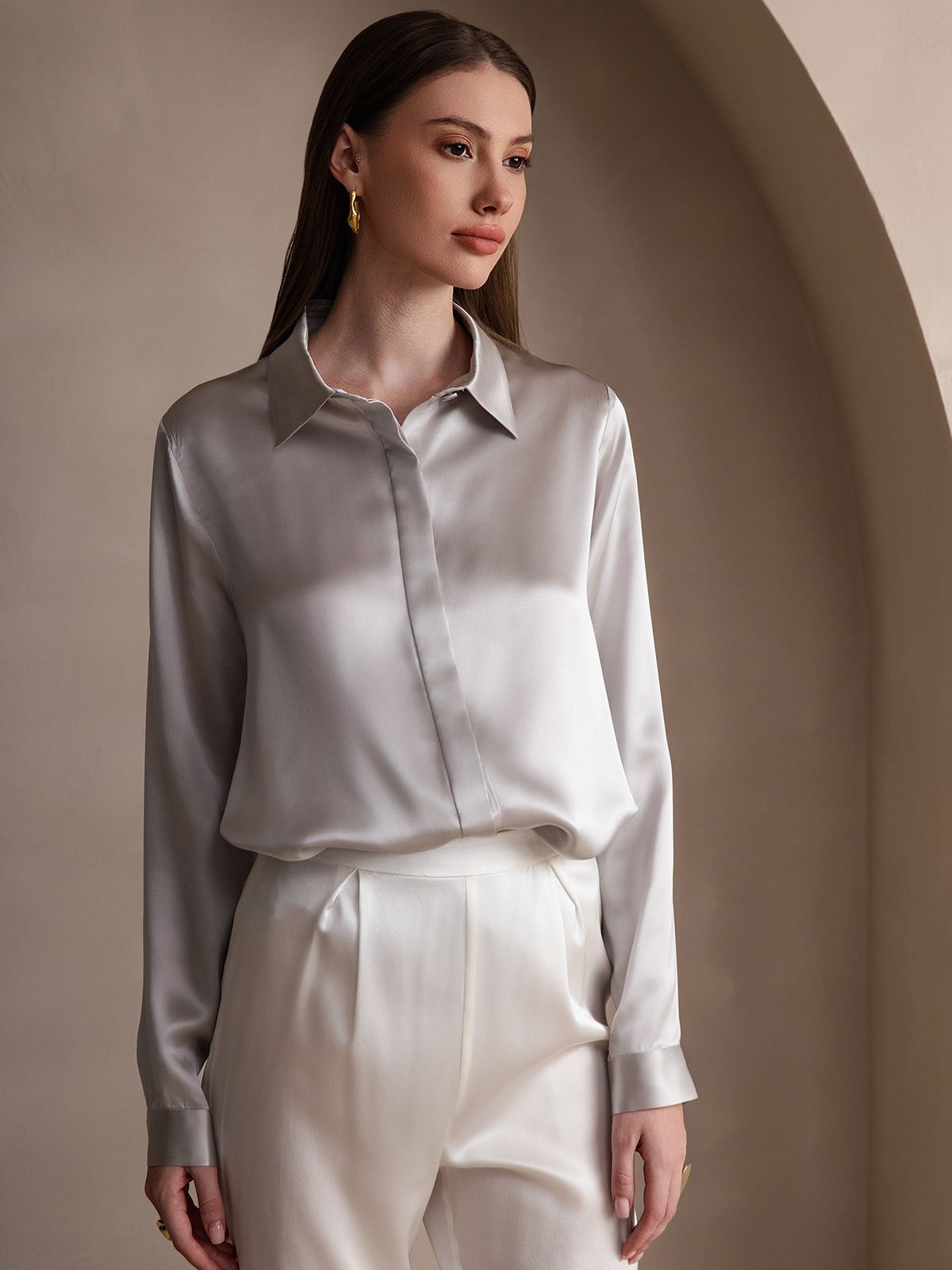 [رمادي فاتح] SilkSilky-SA 19Momme الحرير Lapel Collar بلايز نسائية 003