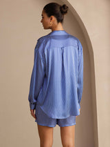 [مقلم دقيق أزرق] SilkSilky-SA Long Sleeve Lapel Collar Women's Outfit Sets 002