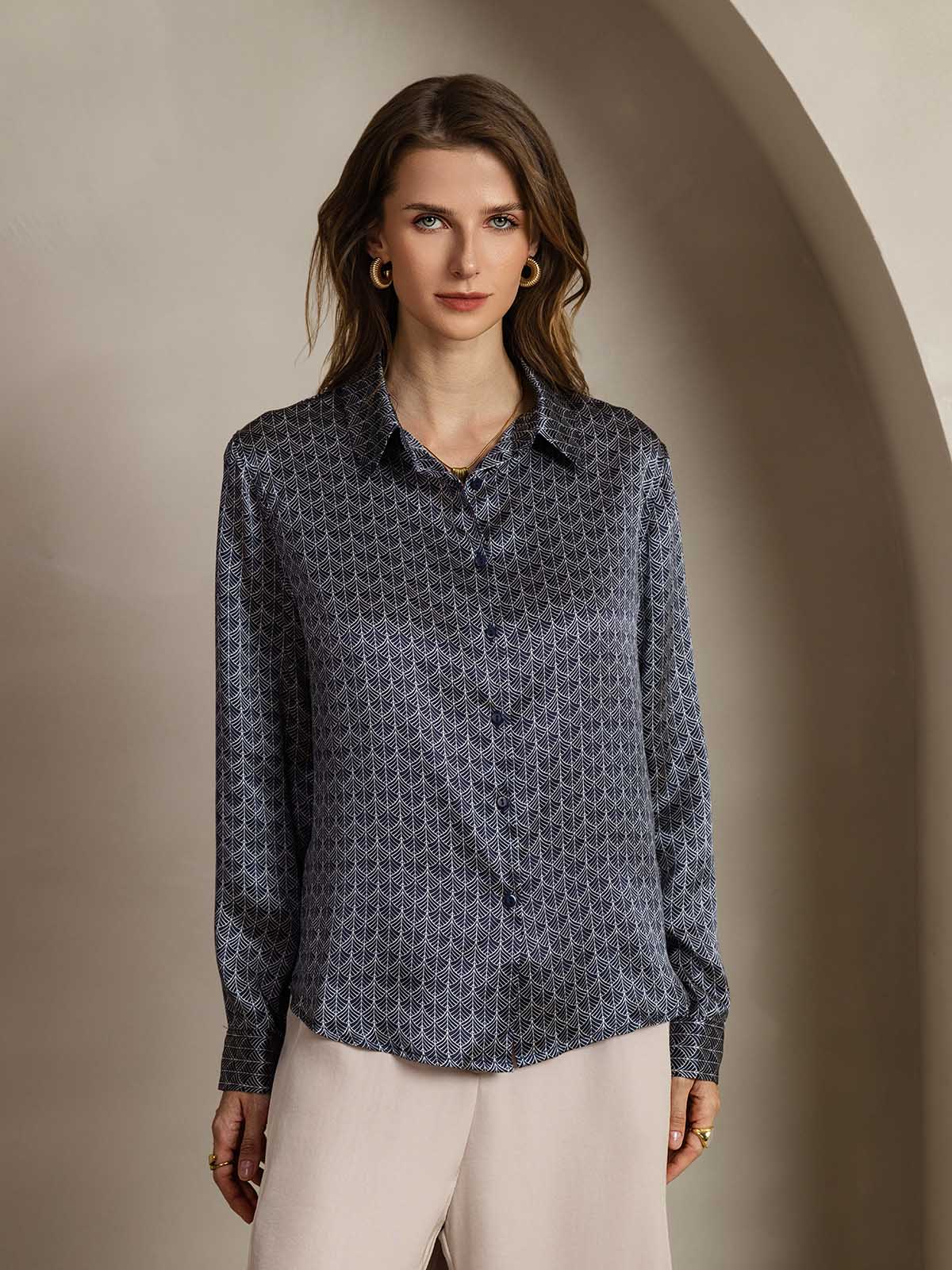 [جنكو كحلي] SilkSilky-SA الحرير Lapel Collar بلايز نسائية 001