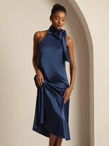 [أزرق غامق] SilkSilky-SA Sleeveless Tie Neck فساتين نسائية 007