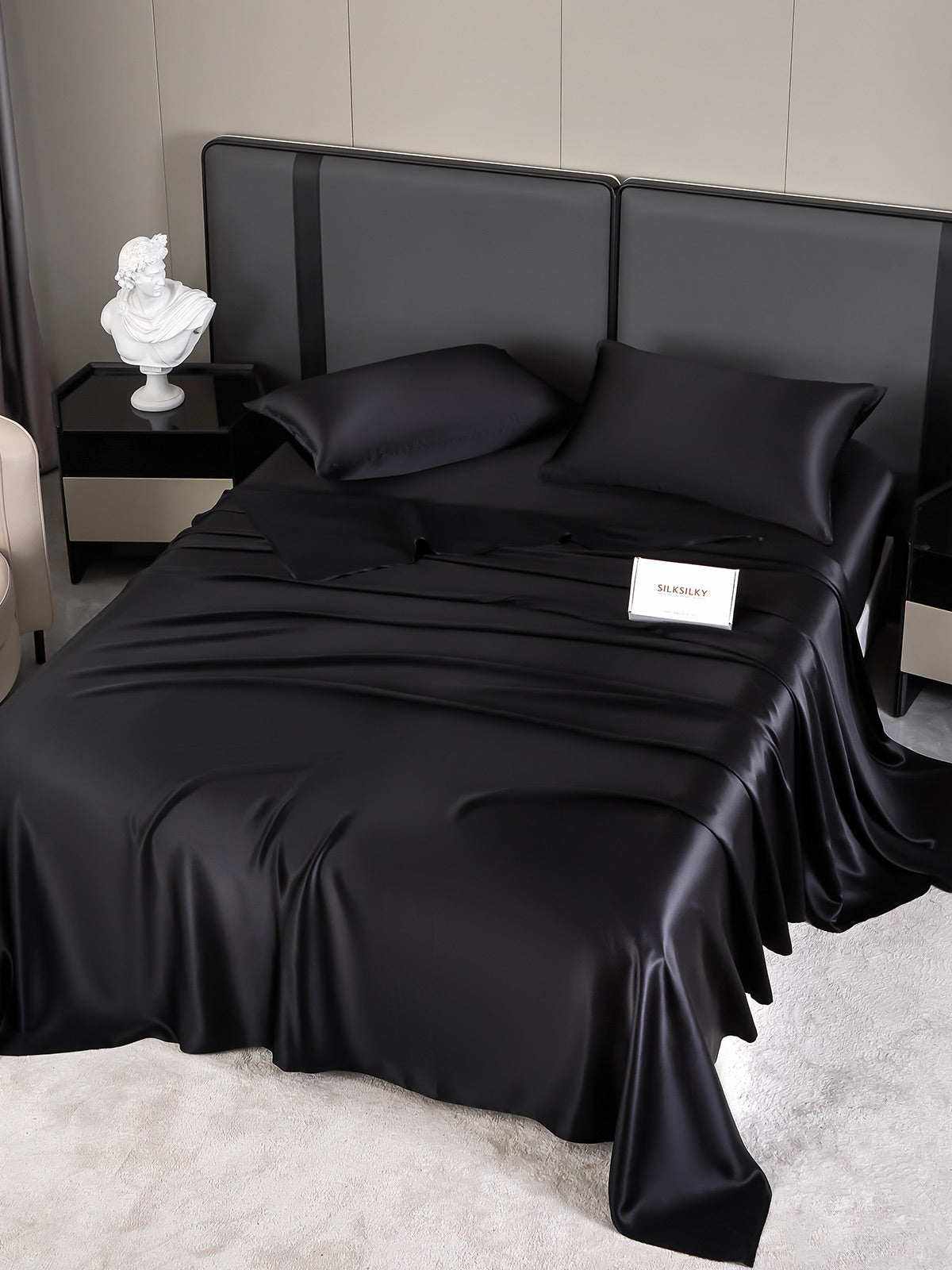 SilkSilky SA 19Momme الحرير الخالص Bedding Set أسود 001