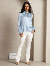[أزرق رمادي] SilkSilky-SA Long Sleeve Keyhole Neck بلوزات نسائية 011