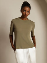 [زيتوني محروق] SilkSilky-SA Half Sleeve Crew Neck تي شيرت نسائية 003